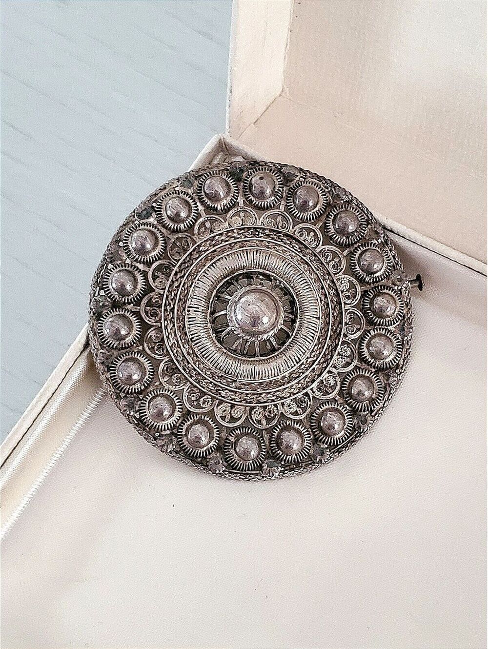 Antique Dutch Silver-Filigree Traditional Button Brooch with Trombone Clasp